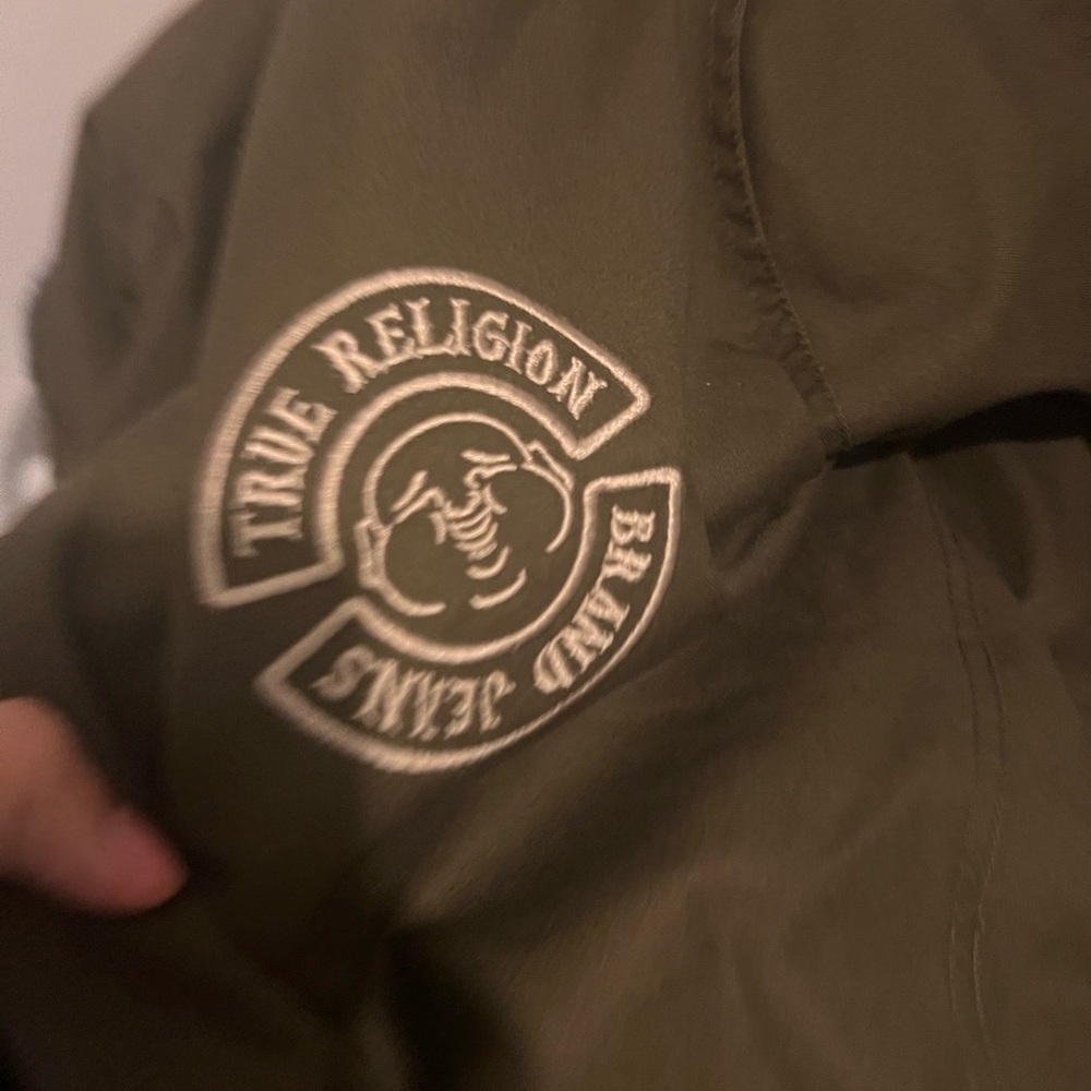 True Religion Olive Military Green Jacket with White Logo Patch
